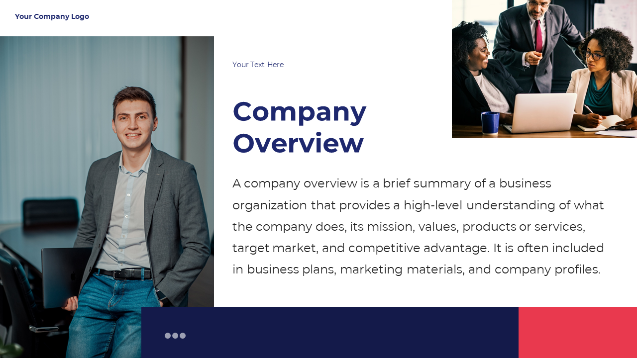 Company overview slide featuring a photo of a man in a suit and a team discussing business strategies in a white theme.