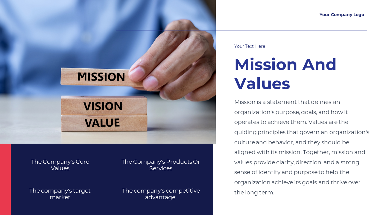 Mission and values slide shows a person arranging wooden blocks, with a description on a white and blue backdrop.