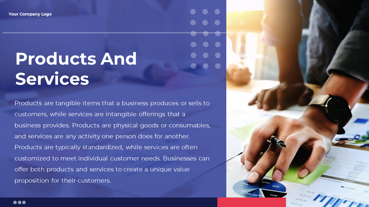 Slide explaining the difference between products and services with a photo of a team analyzing data and graphs in blue theme.