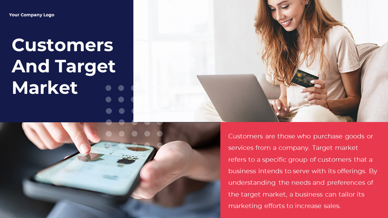 Slide on customers and target market with a description and images of a person using a phone and another on a laptop.