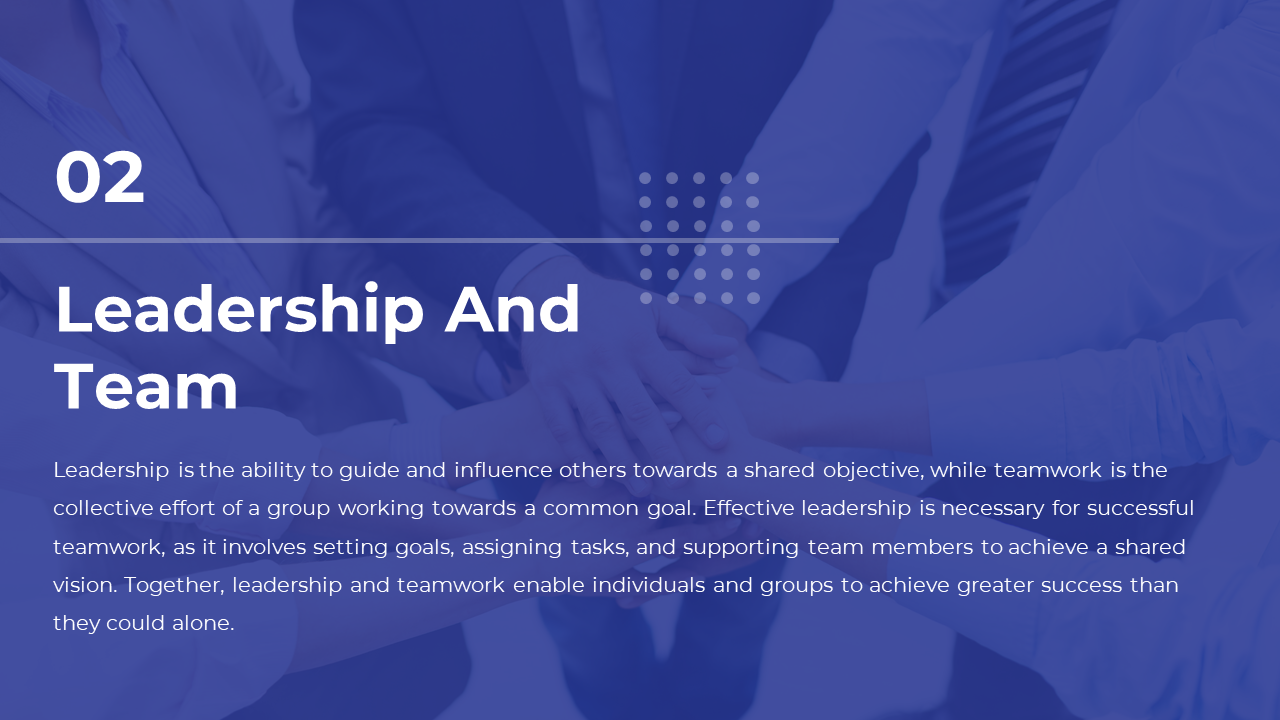 Leadership and teamwork slide with a description of leadership's role and teamwork's importance featuring a handshake image.