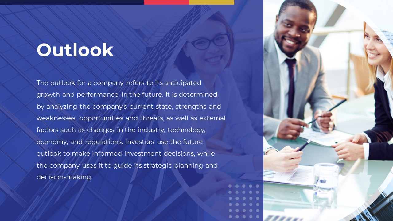 Outlook slide explaining company growth and performance, with a photo of a business meeting discussing strategies.