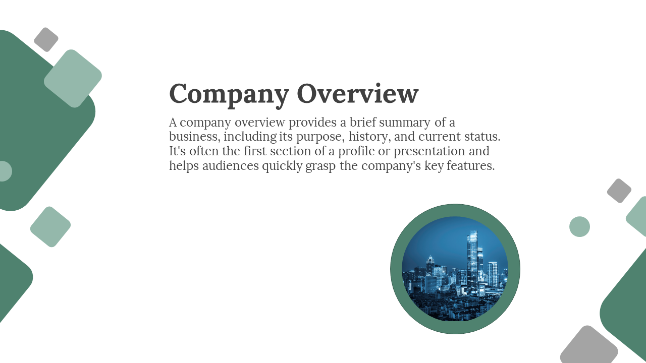 White and green company overview slide providing a summary of business purpose and status, with an image of a city skyline.