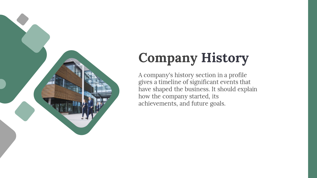 Company history slide with a photo of business people walking outside a modern building on a green and white backdrop.