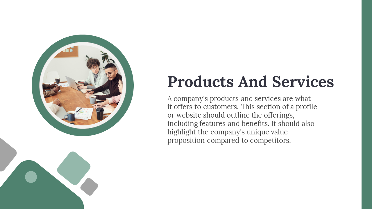 Products and services slide describing company offerings with an image of a team discussing at a table in a white theme.