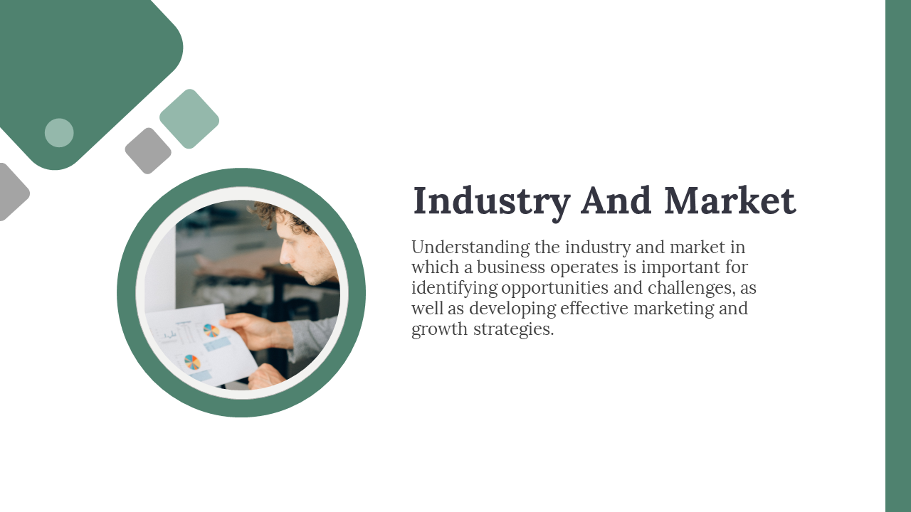 Industry and market slide with an image of a person reviewing data charts on a white and green backdrop.