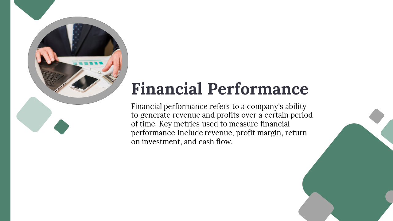 Financial performance slide explaining revenue and profit generation, with an image of a person reviewing data on a laptop.