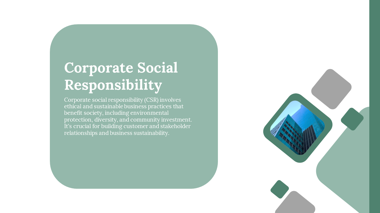 Corporate social responsibility slide in a white and green theme with a photo of a modern business building.