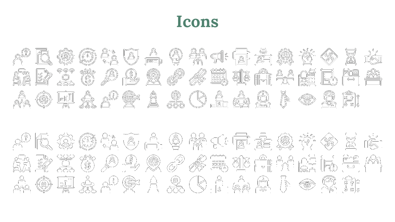 Collection of icons covering business topics like project management, leadership, market analysis, and team dynamics.