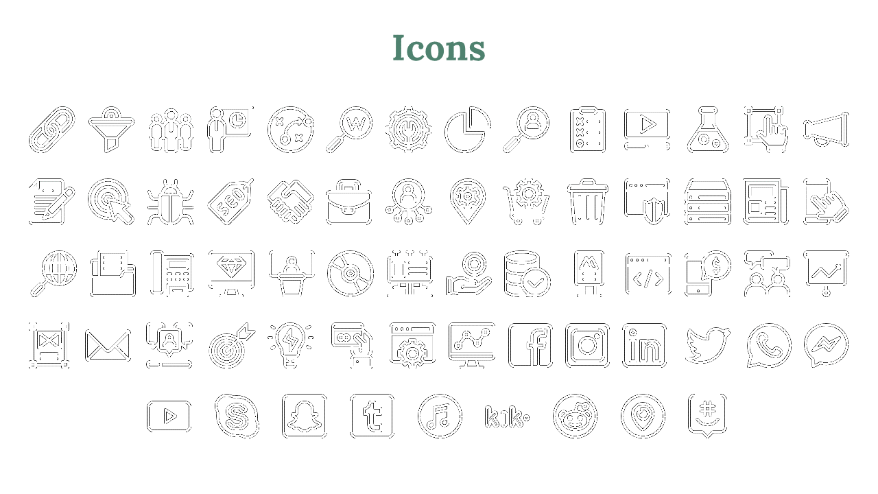 Set of icons covering various topics such as SEO, data analysis, marketing, communication platforms, and social media.