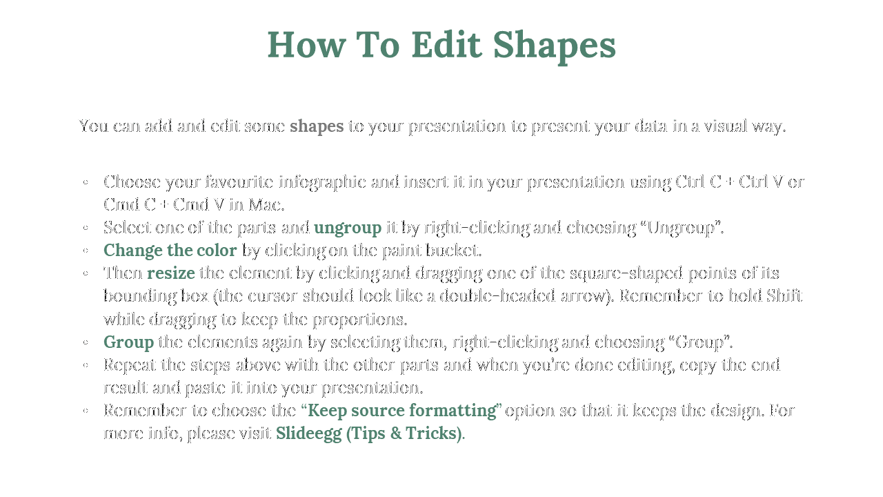 Instructions on editing shapes in PPT, including steps to ungroup, change colors, resize, and group elements.