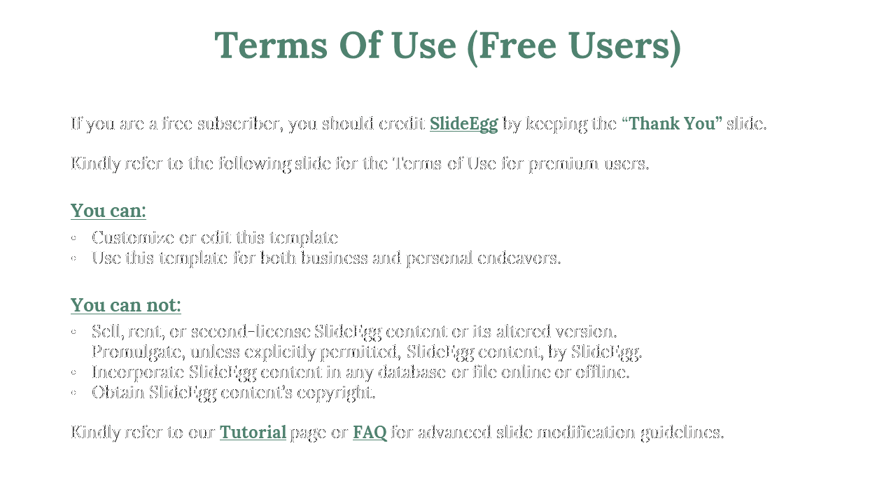 Terms of use for free subscribers of SlideEgg, including guidelines on customizing templates on a white theme.