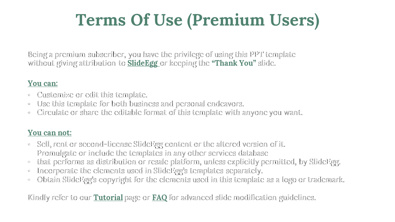 Terms for premium subscribers of SlideEgg, including permissions to edit, share, and circulate templates on a white theme.