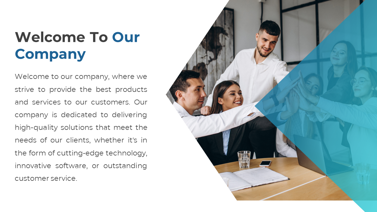 Group of employees in business attire sharing a celebratory high five in a conference room in a blue and white theme.