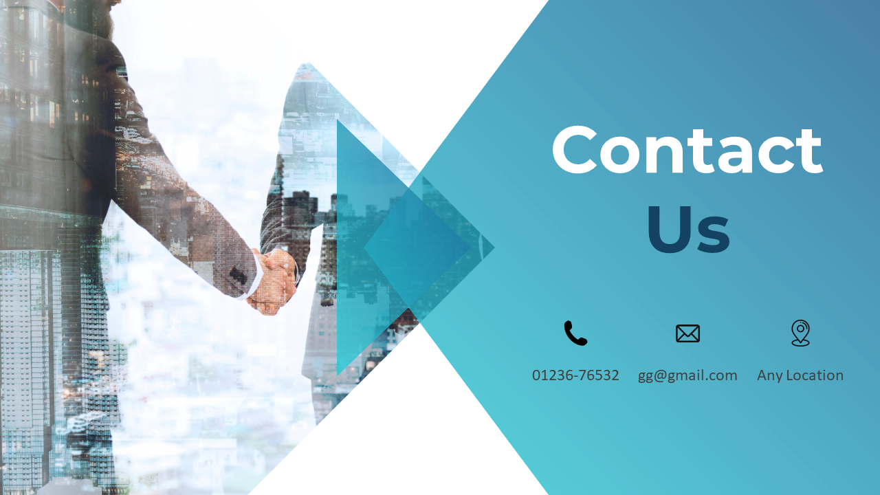 Business professionals shake hands with contact details for communication, including phone, email and location in blue theme.