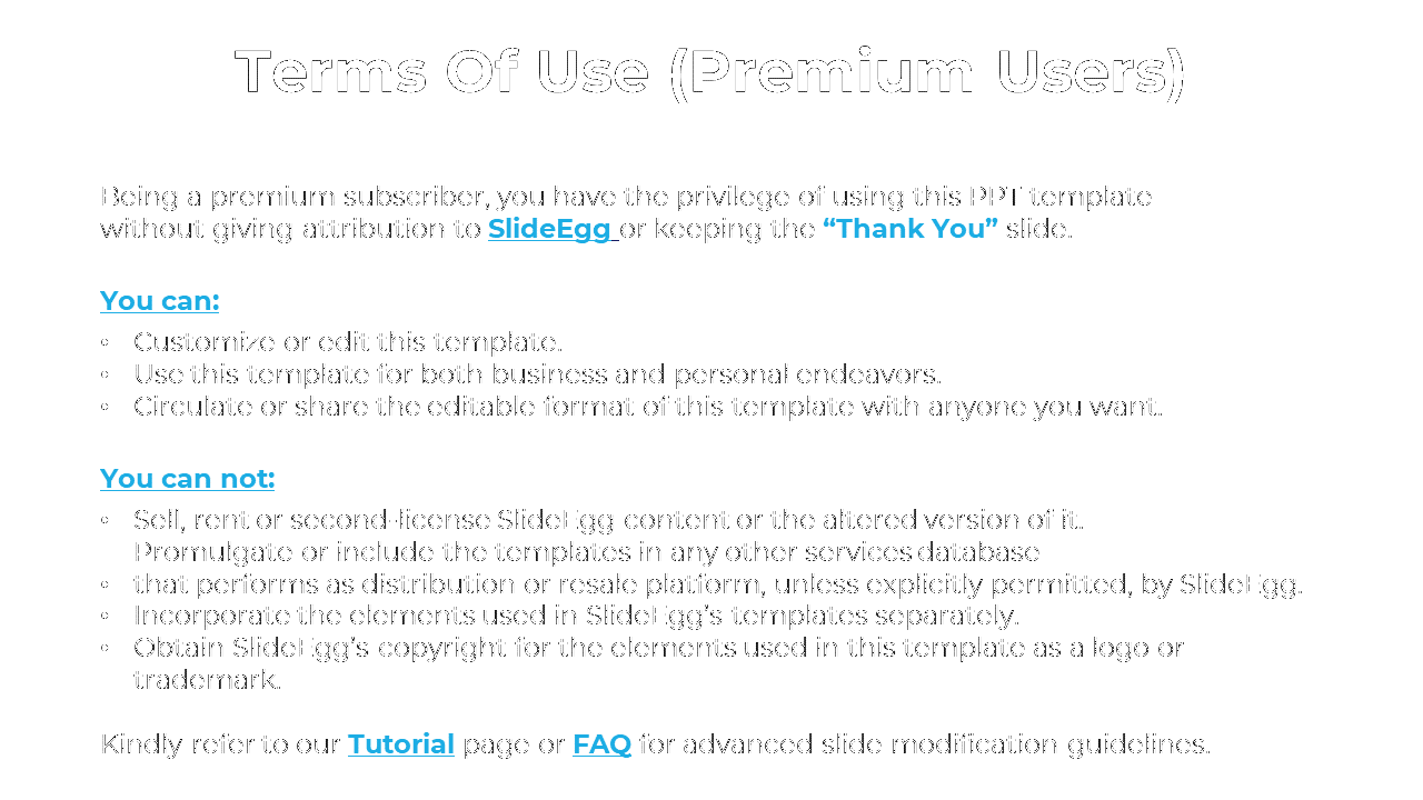 Terms of Use slide for premium users explaining the privileges and restrictions of using SlideEgg templates in white theme.