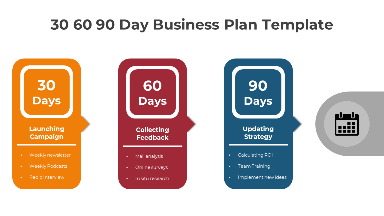 Colorful 30 60 90 day business plan template in three boxes with an icon on a white backdrop.