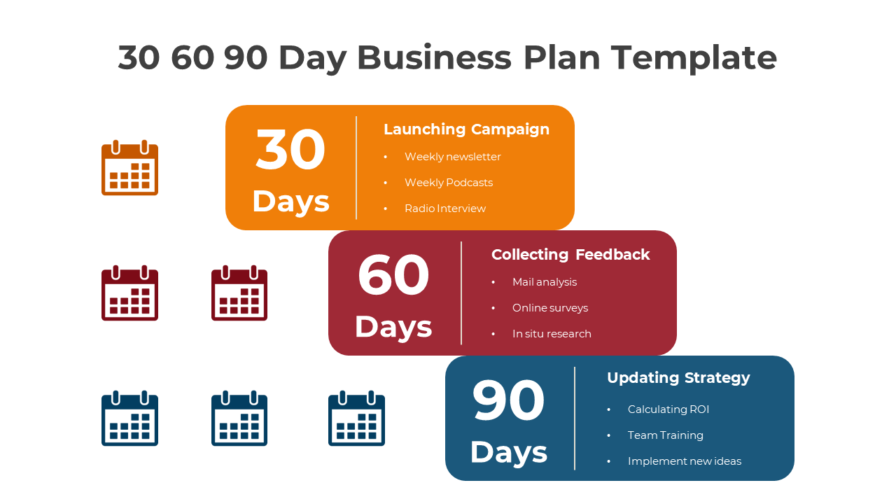30 60 90 Day Business Plan template featuring colorful calendar icons for each phase on a white backdrop.