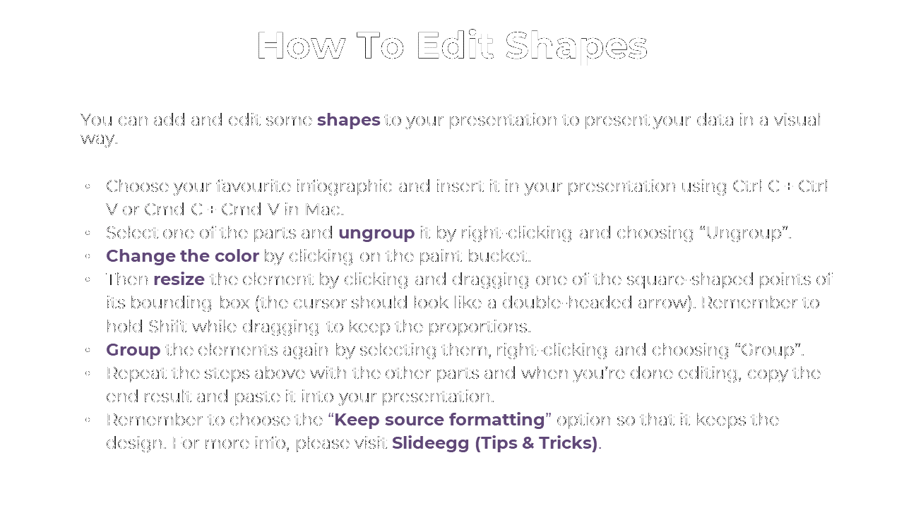 Step by step guide on how to edit shapes in a presentation, including instructions for ungrouping, and grouping elements.