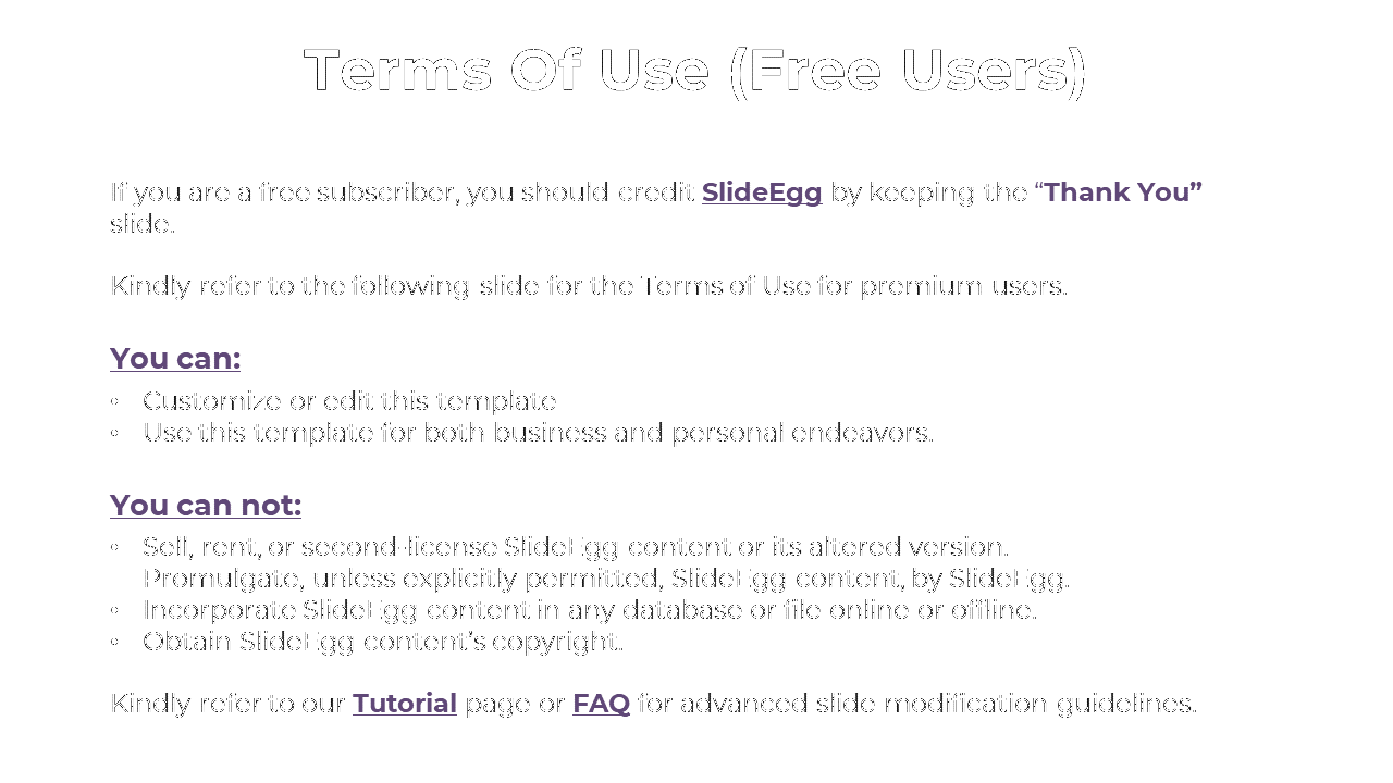 Terms of Use for free users, including permissions for customizing templates and restrictions on selling in white theme.