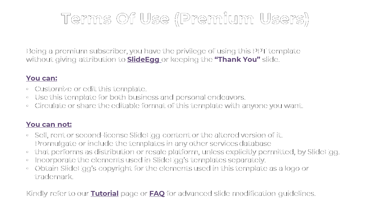 Terms of Use for premium users, detailing the rights to customize, share, and circulate templates in a white theme.