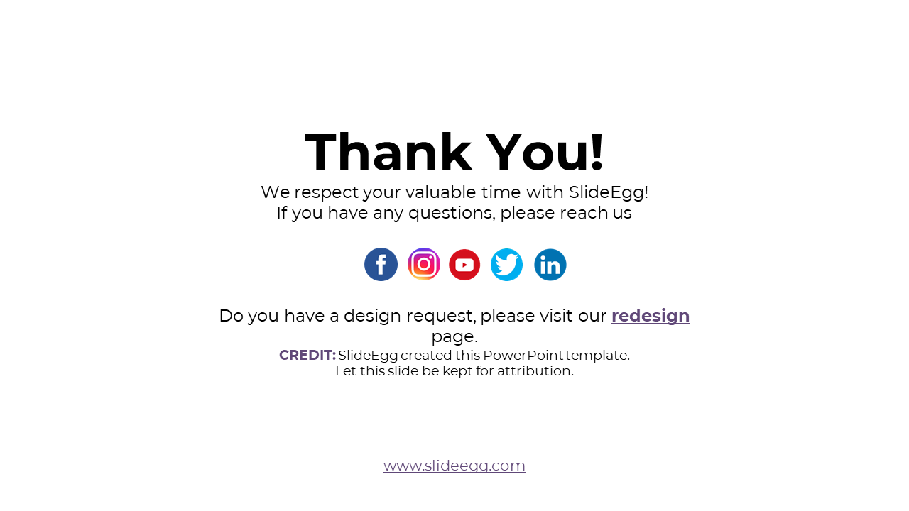 Thank You slide from SlideEgg, including social media links, and credit for the template, in a white theme.