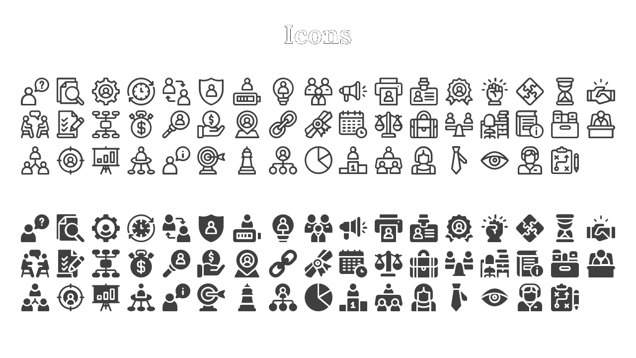 A collection of black business and technology icons, including images of people, gears, charts, and social media symbols.