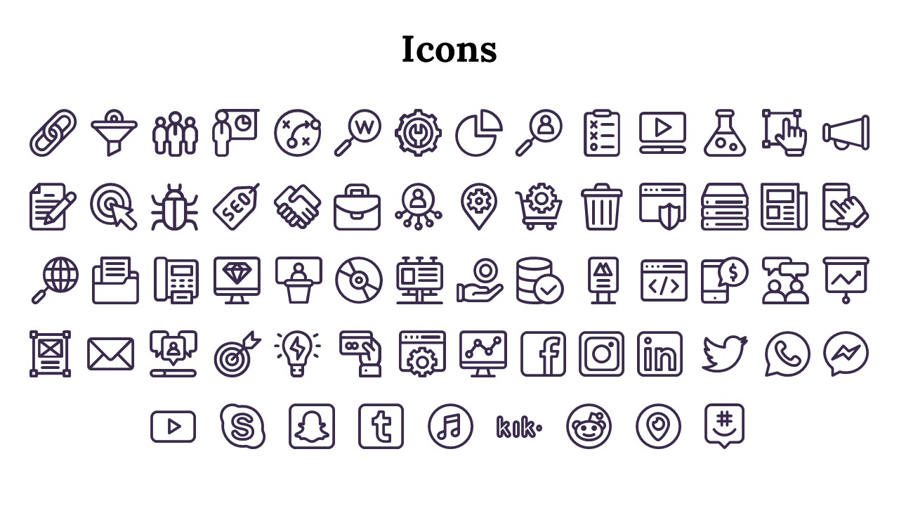 Various purple business and tech icons, such as charts, social media logos, SEO, communication tools, and more.