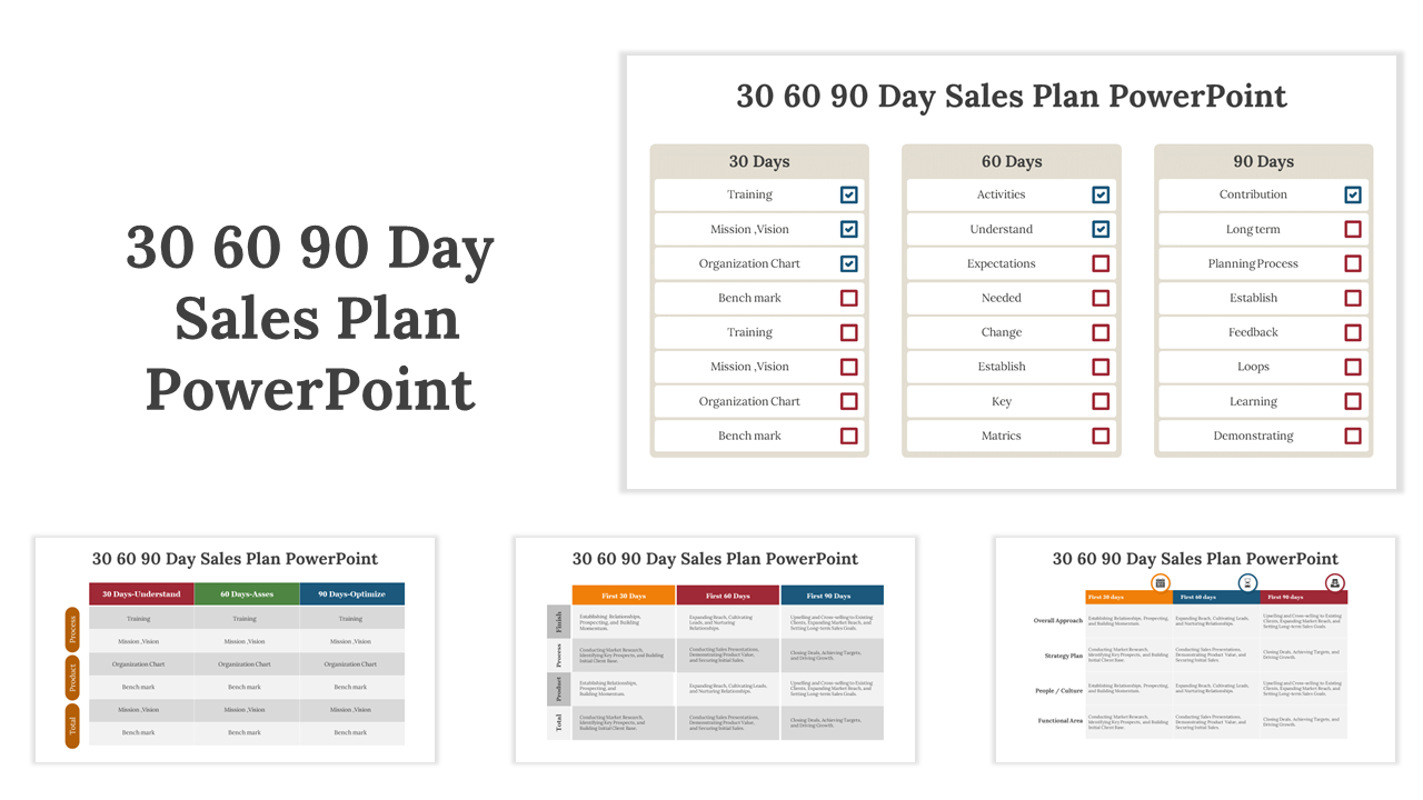 30 60 90 Day Sales Plan PowerPoint slides with checklists on different colorful layout designs in a white backdrop.