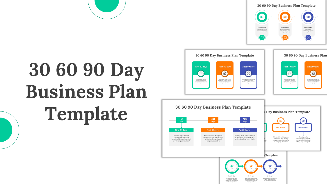 Set of 30 60 90 day business plan PPT slides with different colorful design elements and text descriptions.
