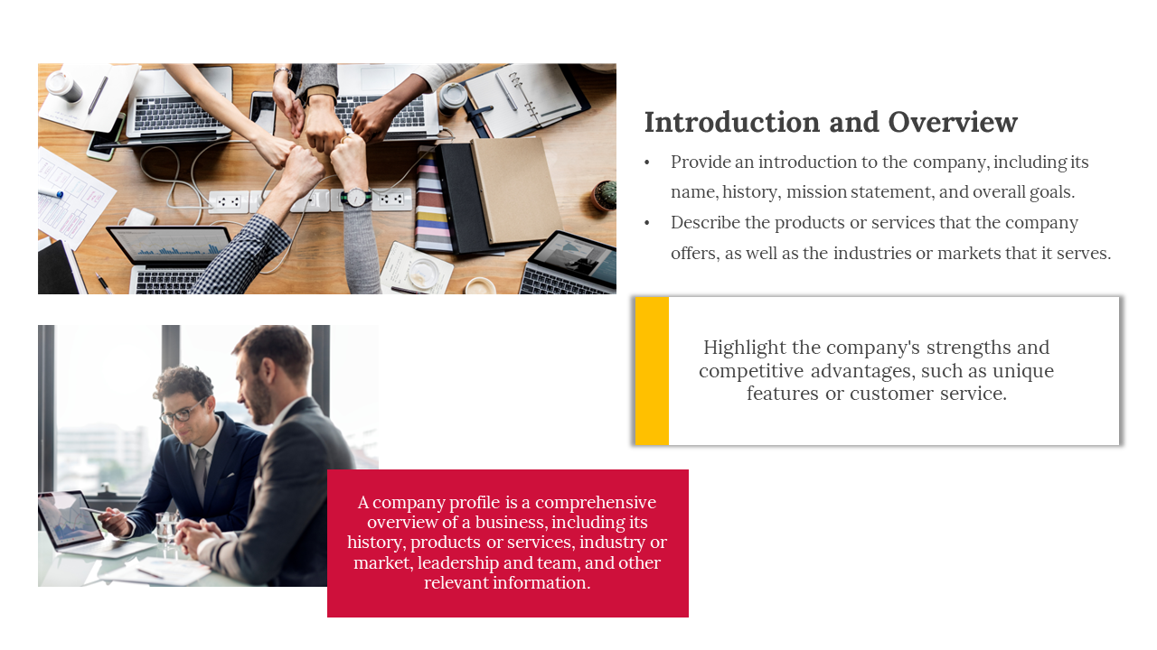 Introduction slide featuring a team collaboration photo with text describing company history and services in white backdrop.