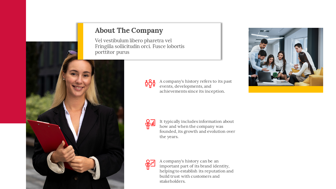 A slide shows a businesswoman holding a clipboard with team collaboration in the background with red icons on a white theme.