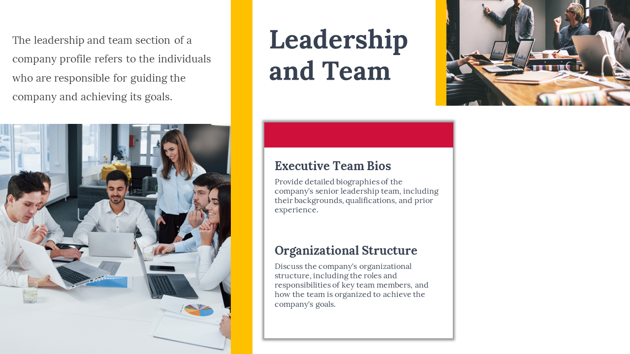 A business team discusses work with laptops and charts, paired with text on a white backdrop.