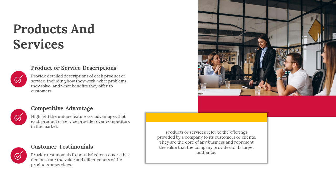 Business team discusses three sections with a focus on offerings and red icons with descriptions on a white backdrop.