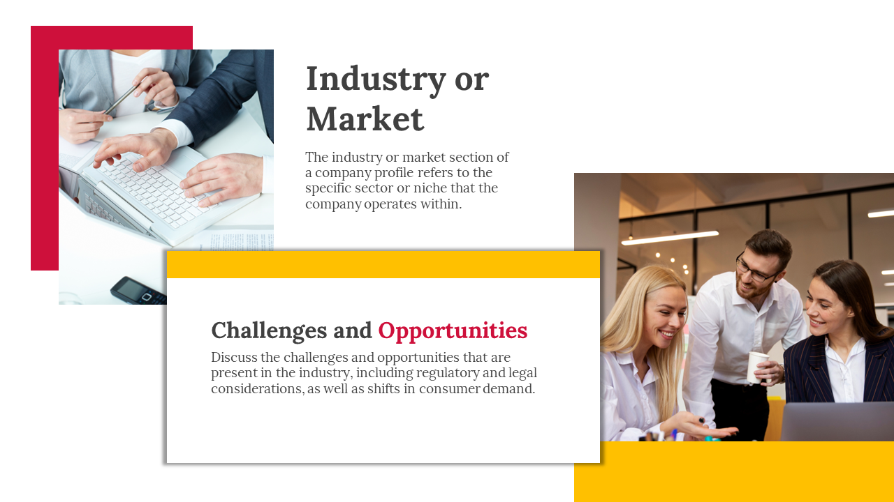 Business professionals discuss challenges and opportunities in their industry on a white backdrop with red and yellow border.