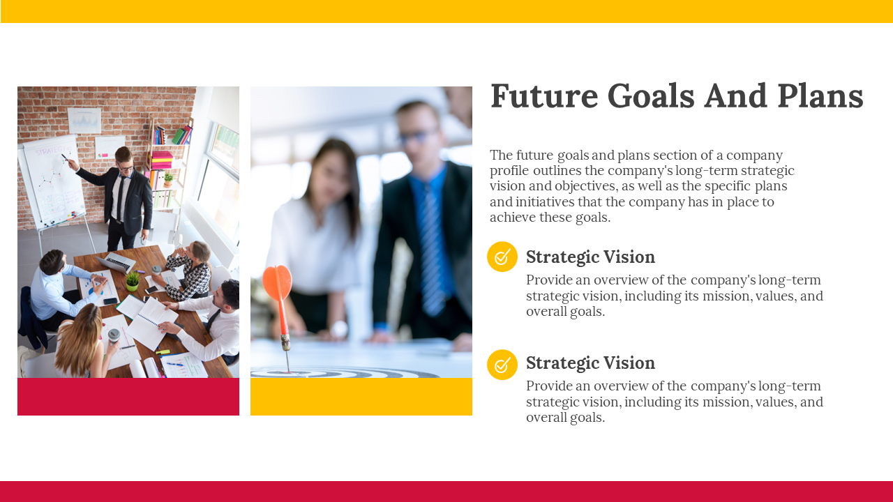 Business professionals discussing the company's long term strategic goals and plans on white theme in yellow and red border.