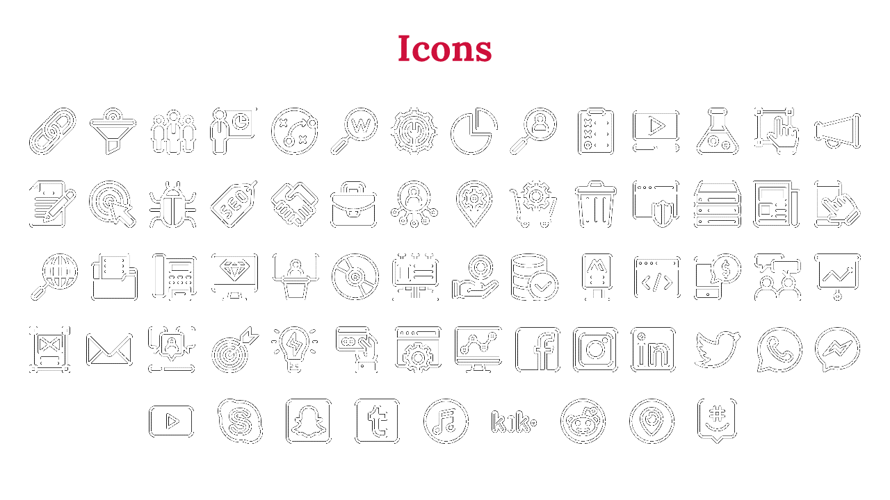 A set of minimalist icons representing various business concepts, including communication, SEO, and social media platforms.