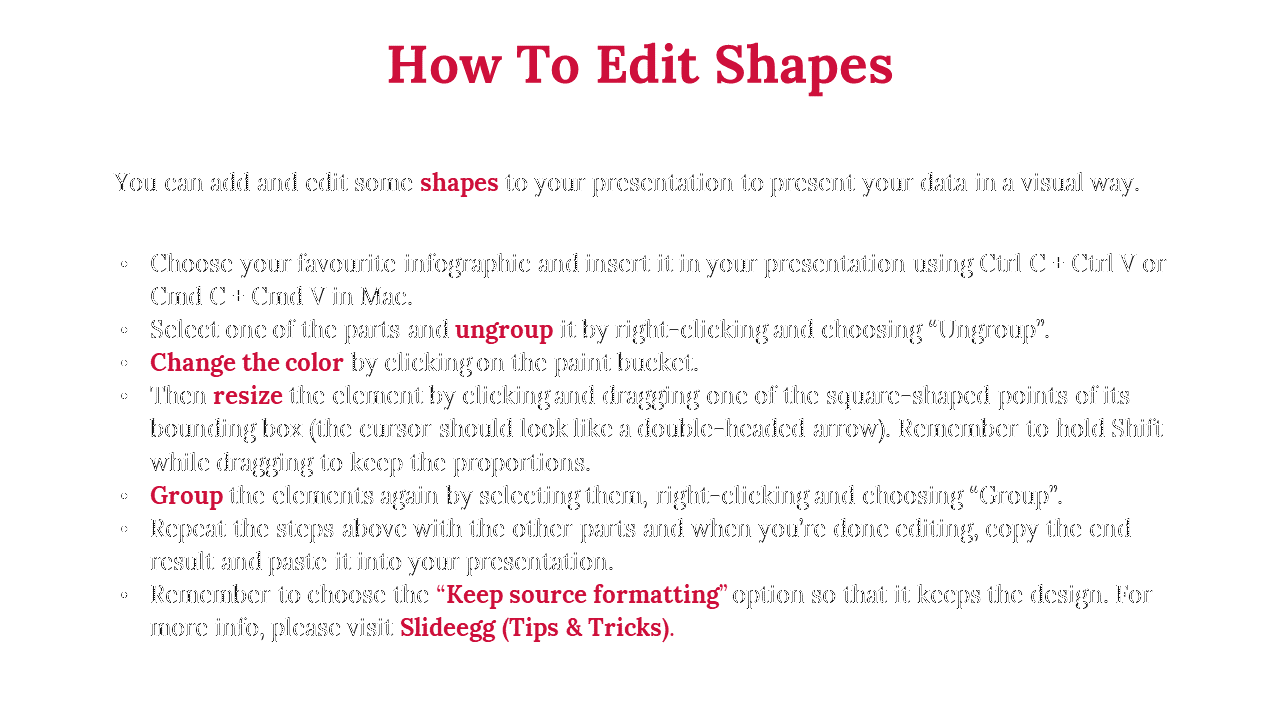 Guide on editing shapes in PowerPoint, including instructions to ungroup, change colors, resize, and group elements again.