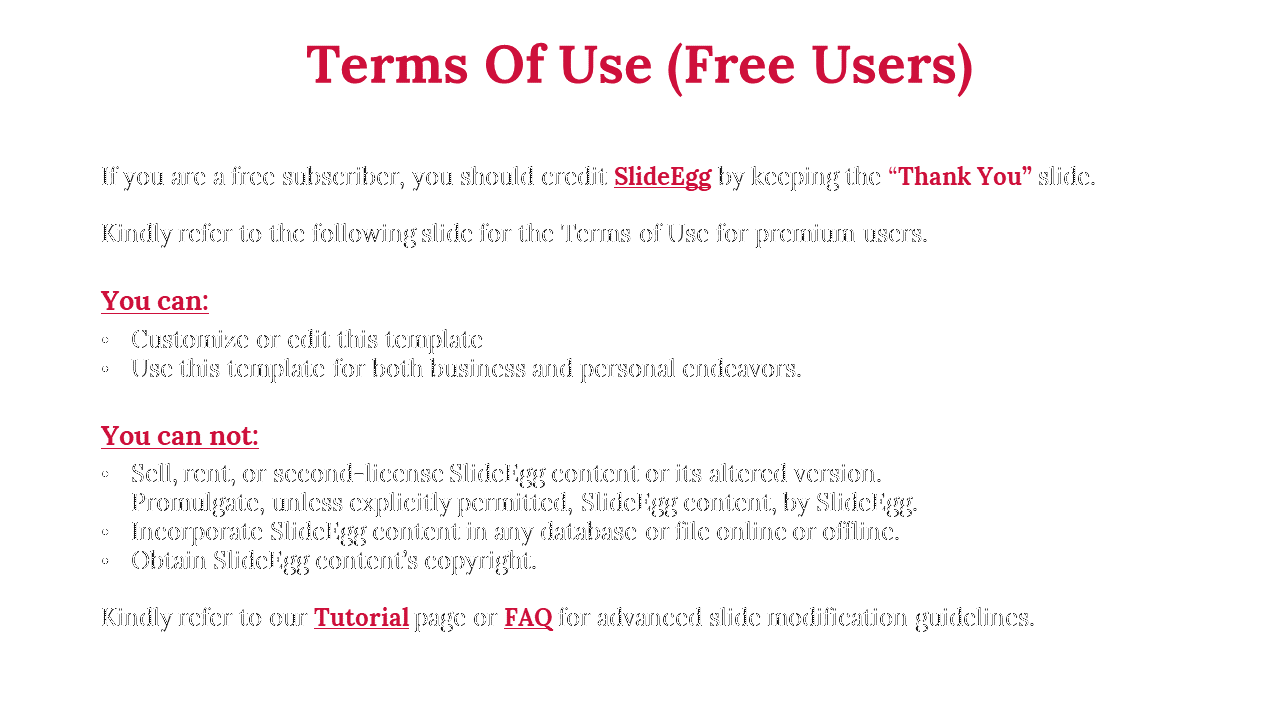 Terms of use for free SlideEgg users outlining what can and cannot be done with the template on a white backdrop.