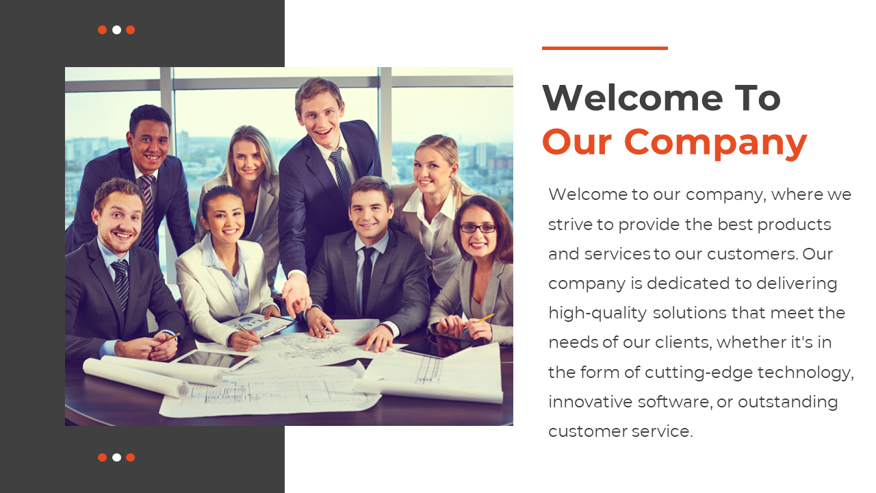 Welcome slide with professional team of seven smiling employees gathered around a table with city skyline in the background.