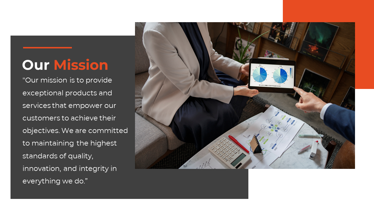 A businesswoman explaining a presentation with a tablet, showing charts to a colleague, symbolizing the company's mission.