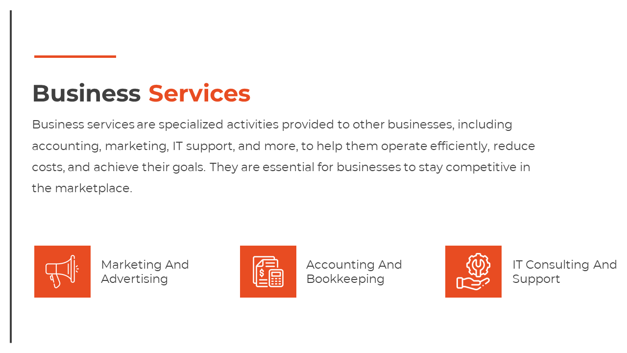 Three orange icons show business services marketing, accounting, and IT consulting to enhance operational performance.