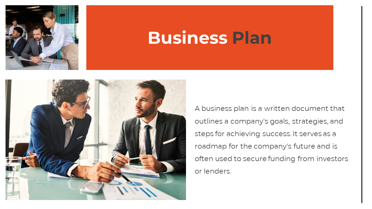 Business professionals discuss a business plan to outline strategies, goals, and future steps for success in a white theme.