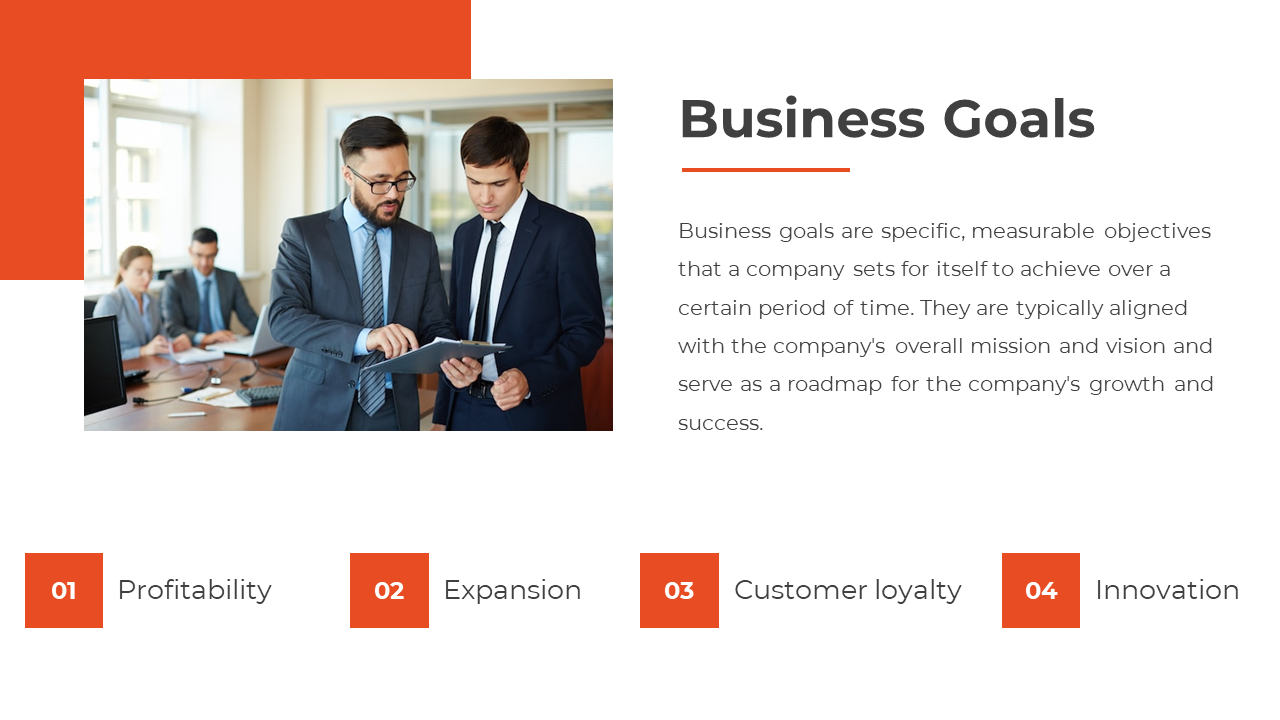 A team meeting to set specific business goals such as profitability, expansion, customer loyalty, and driving innovation.