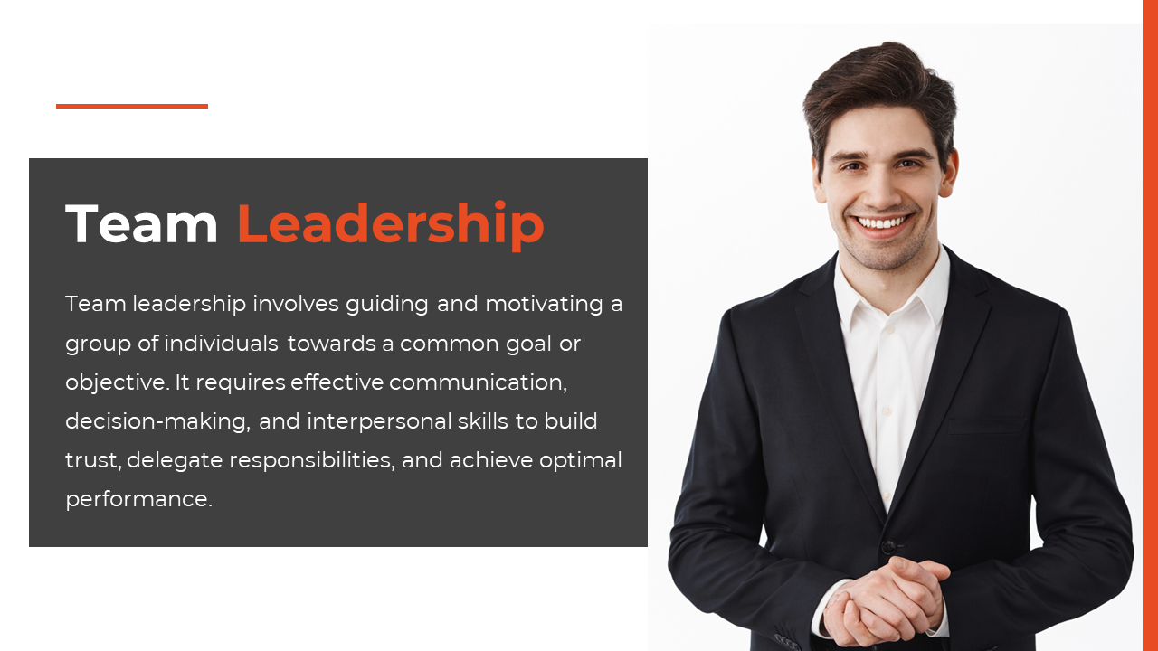 A smiling man in a black suit stands next to a team leadership slide with a description on a white and grey backdrop.