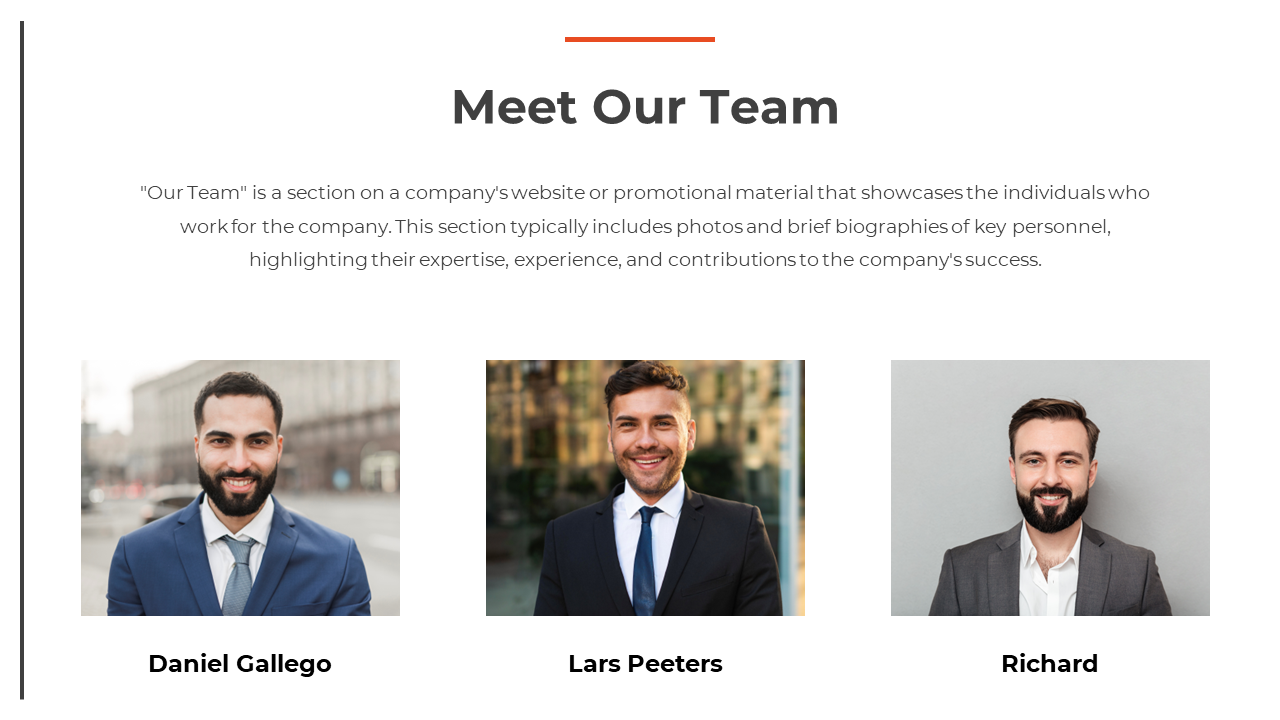 Three professional men are featured in the meet our team slide each wearing formal attire on a white backdrop.