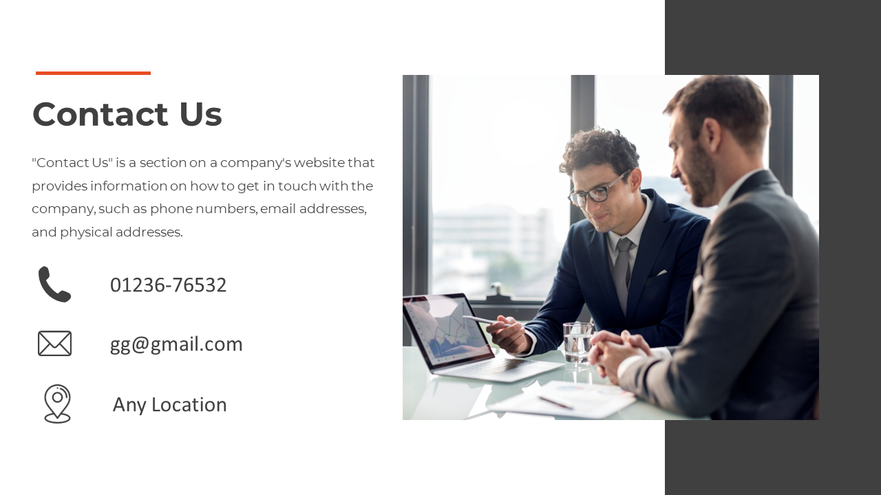 Two professionals discuss a chart over a laptop in an office setting, accompanied by contact details on a white theme.