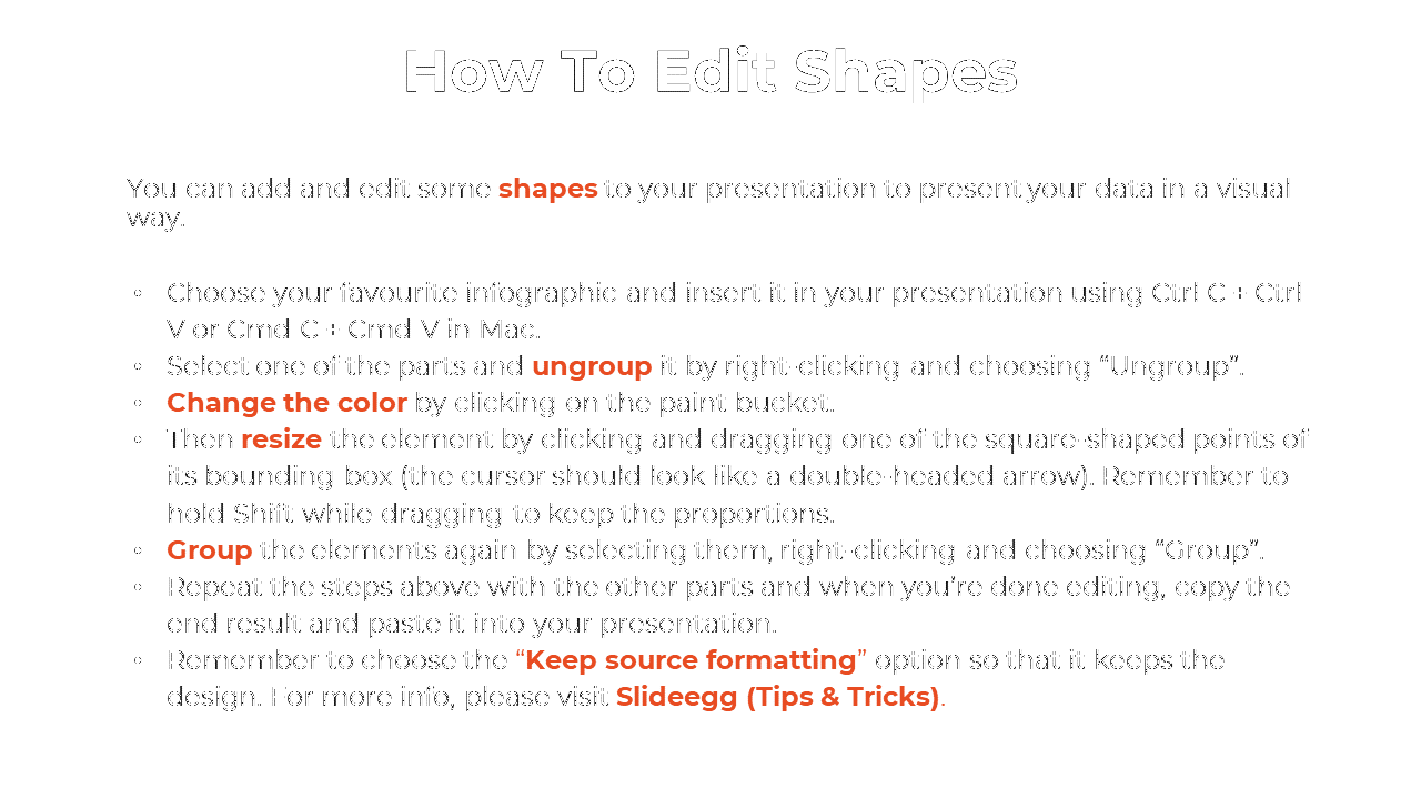 A step by step guide on how to edit shapes in a presentation, including instructions on copying, and grouping elements.