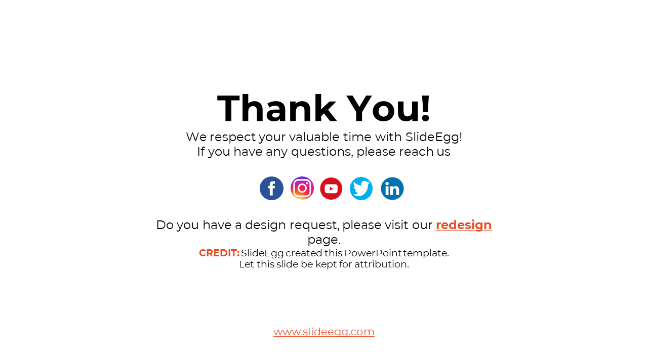 Thank you slide with a message of gratitude from SlideEgg, including social media icons redesign page link in white theme.