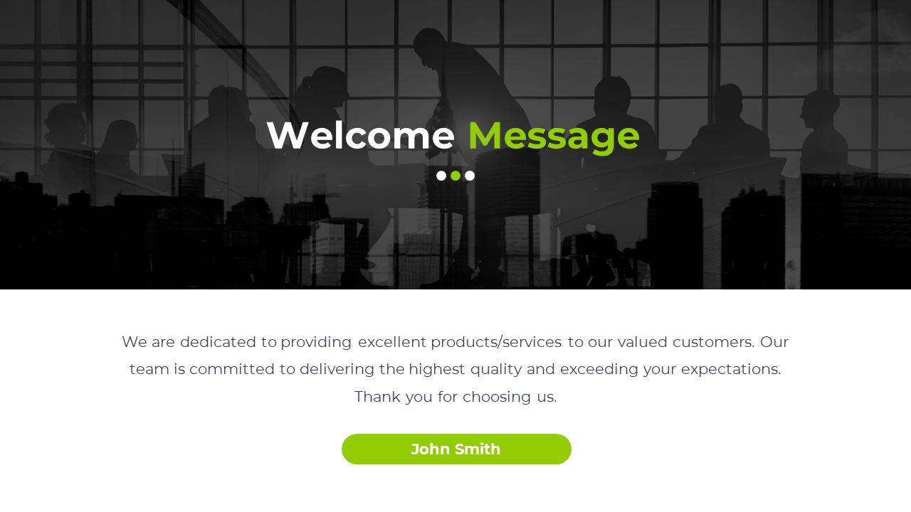 A professional welcome slide with a shadowed city view with text description on a white theme.